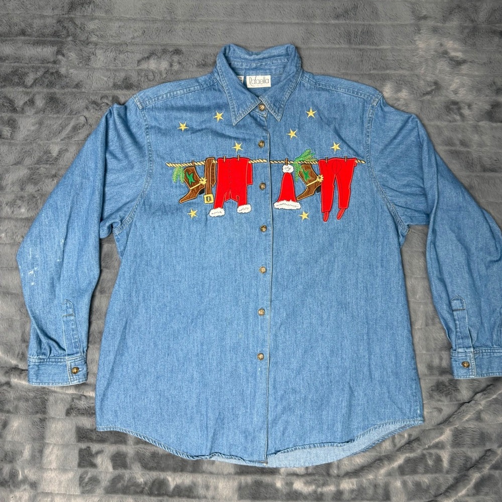 Rafaella Vintage Western Christmas Denim Shirt Womens Large Embroidered